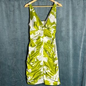 Beautiful Green and White Floral Satin Rouged Cocktail Dress